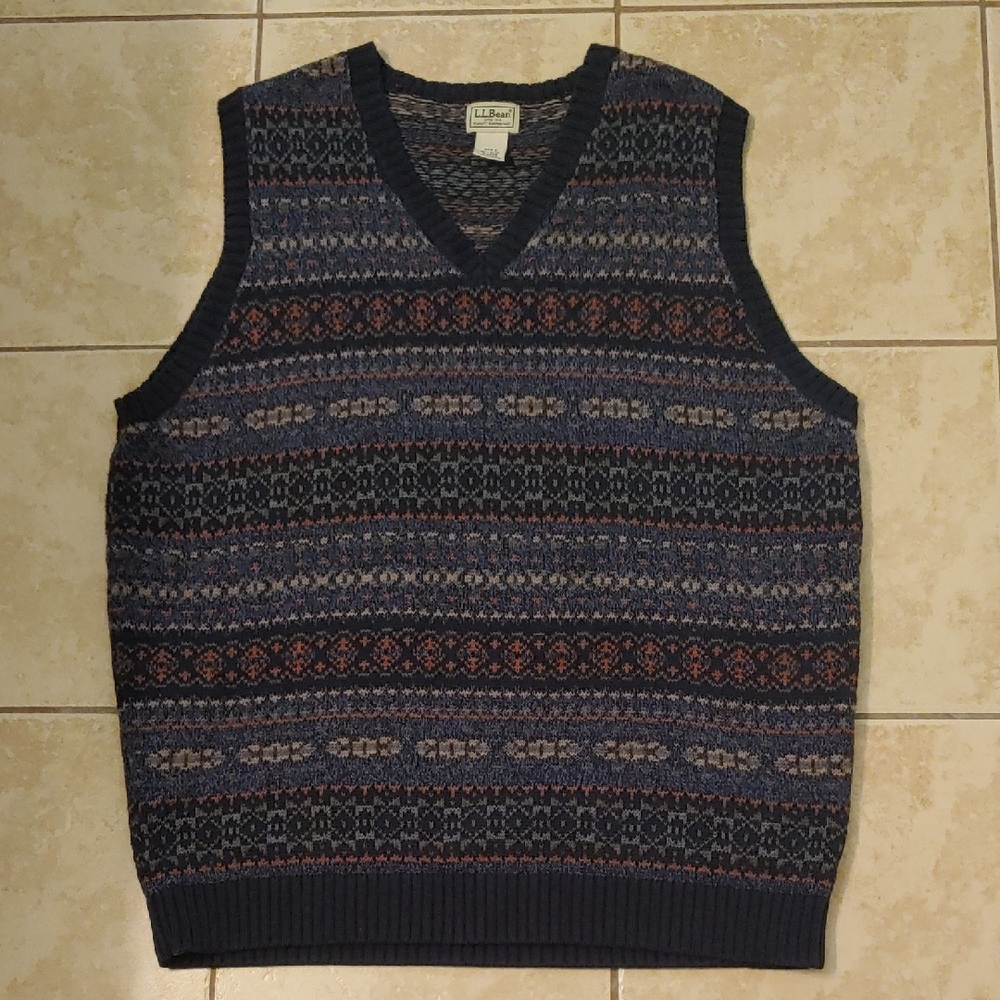 VTG L.L. Bean Fair Isle Sweater Vest Navy Blue Men's Size XL